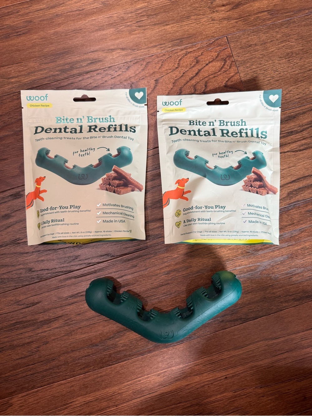 Woof Bite n' Brush Dental Toy & Refill treats Dark Green